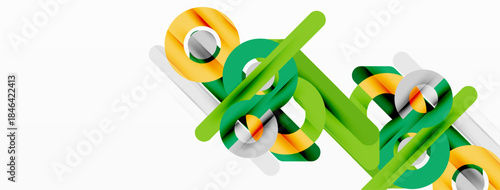 Abstract design features vibrant green, gold, gray lines. Shapes overlap creating dynamic visual effect. Modern, clean aesthetic.