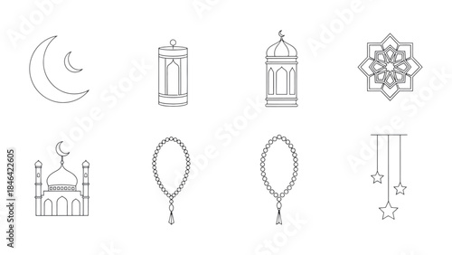 Islamic Symbols: A minimalist collection of cultural icons, including a crescent moon, mosque, prayer beads, lanterns and stars. These elements represent the spirit of Islamic art and its celebration.