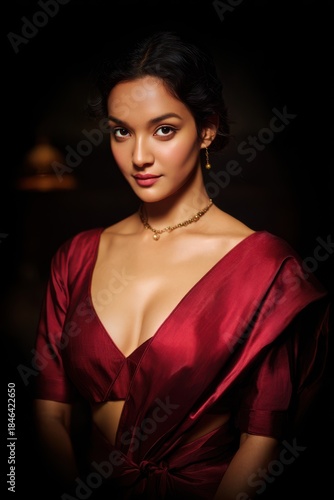 Elegant woman in deep red satin dress with sophisticated makeup and jewelry
