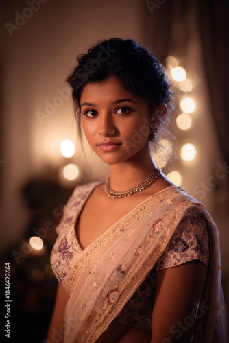 Elegant woman in intricately designed saree with pearl necklace under warm bokeh lights
