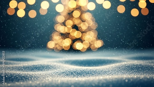 Golden bokeh Christmas tree on snowy night