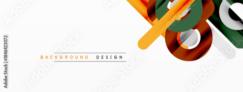 Abstract geometric shapes overlap, creating dynamic composition. Orange, green, brown tones dominate white background. Minimalist design elements present.