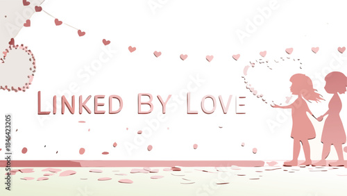 Two girls holding a scattered heart garland in soft pink tones on white background with petals