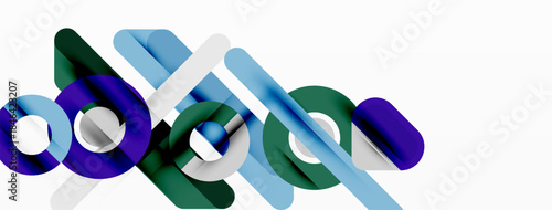 Abstract geometric shapes overlap, creating dynamic composition. Blue, green, white hues dominate design. Modern aesthetic.