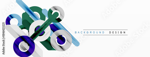 Abstract geometric shapes overlap, creating dynamic visual composition. Blue, green, white colors dominate design. Minimalist style.