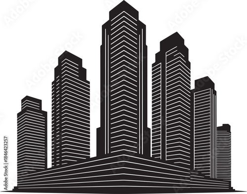 Dynamic perspective of multiple modern city skyscrapers with detailed window lines