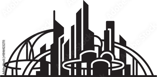 Futuristic city silhouette with complex architecture and sweeping bridge designs on grey