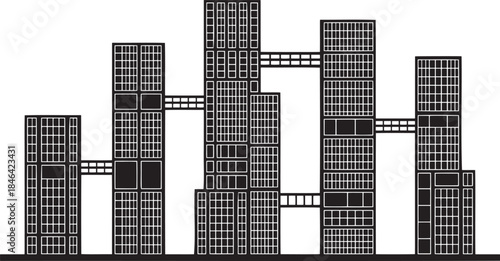 Interconnected modern skyscrapers forming unique abstract city architecture on a grey background