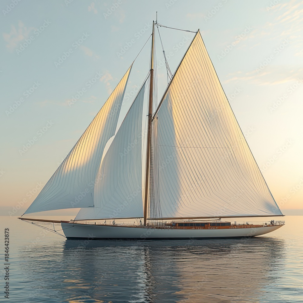Obraz premium Sailing yacht with white sails on still water, illuminated by the warm sunset