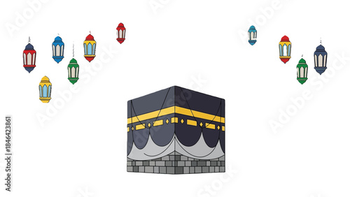 Kaaba's Sacred Aura: A symbolic depiction of the Kaaba, the holiest site in Islam, adorned with hanging lanterns, evoking reverence and spiritual significance.