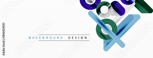 Abstract geometric shapes overlap, creating dynamic visual effect. Blue, purple, green hues dominate composition. Minimalist design.