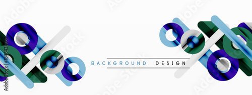 Abstract geometric shapes overlap, creating dynamic composition. Blue, green, gray tones dominate white space. Modern design element.