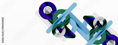 Abstract design features intersecting colorful lines, curves, shapes. Minimalist composition with white background creates modern aesthetic.