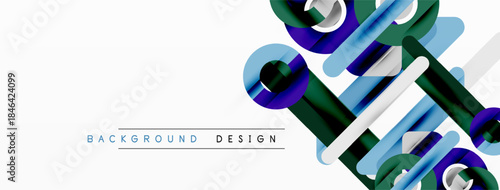 Abstract geometric shapes overlap, creating dynamic visual effect. Blue, green, white colors dominate design. Minimalist style.