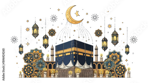 Sacred Kaaba in a Festive Display: A detailed and festive depiction of the Kaaba, the most sacred site in Islam, adorned with glowing lanterns and intricate decorations under a crescent moon.