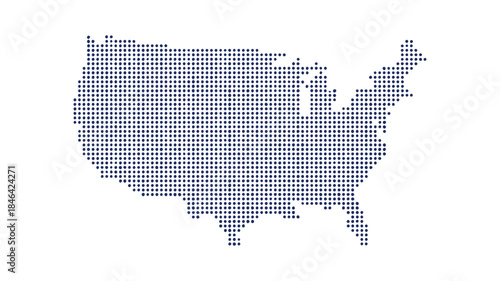 Abstract digital blue pixel map of the United States of America formed by a mosaic grid of square dots, symbolizing modern technology, global data networking, and internet communication.