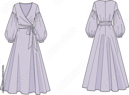 Elegant lavender fashion illustration, long flowing dress vector, wrap style bodice with sash, balloon sleeves, pleated skirt front and back view