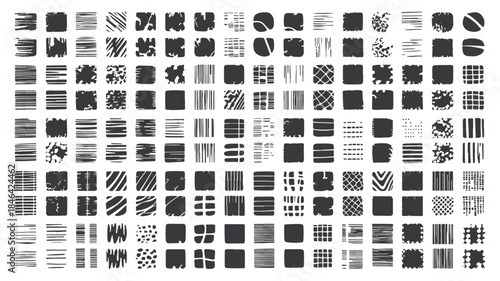 Huge collection of abstract grunge textures and hand drawn pattern squares, featuring black ink brush strokes, rough hatching lines, and distressed geometric shapes for design backgrounds.