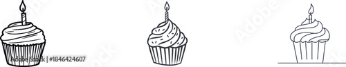 On a white background, a birthday cake adorned with cream and candles is drawn using one continuous line, epitomizing the concept of a birthday party and representing a celebratory symbol