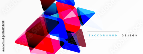 Abstract geometric shapes overlap, creating vibrant red, blue, pink composition. White background provides clean contrast. Modern design element.