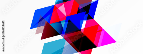 Abstract geometric shapes overlap, creating vibrant color contrasts. Blue, pink, red tones dominate white background. Modern design.