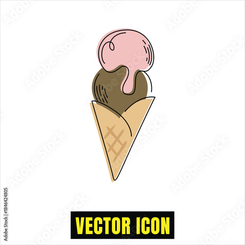 Sweet treat: hand-drawn vector icon of a classic two-scoop ice cream cone with melting flavors Vector