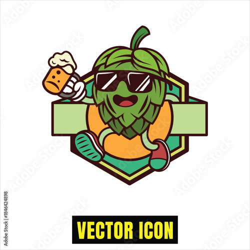 Cool hop cone character enjoying a refreshing beer with sunglasses on a shield emblem Vector