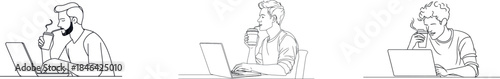 In an office setting, a businessman works on his computer, referencing his notebook for ideas and grasping a cup of coffee, depicted in a continuous line drawing that showcases his daily activities