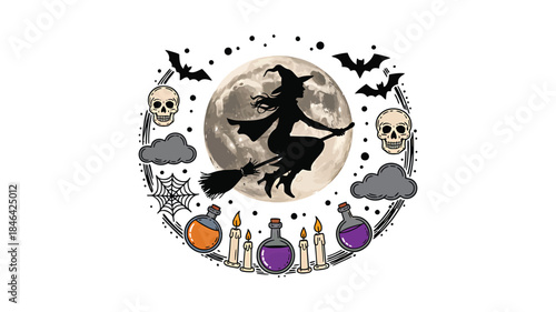 Halloween witch flying on broom with spooky night elements and festive illustration isolated on white background