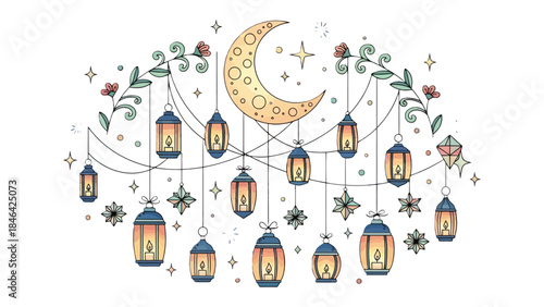 Celestial Lanterns: An artistic composition of lanterns illuminates the night, hanging from the crescent moon, evoking a sense of tranquility and celebration in a beautiful illustrative style.