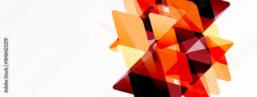 Abstract geometric shapes overlap, creating vibrant orange, red tones. Minimalist design with significant negative space. Modern aesthetic.