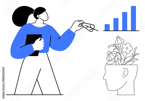 Woman holding tablet, interacting with symbols of nature, flowers, and bar graph. Ideal for growth mindset, creativity, education, mental health self-development analytics and innovation. Simple