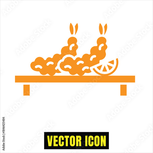 Delicious crispy tempura shrimp with a fresh lemon slice served on a traditional wooden board Vector