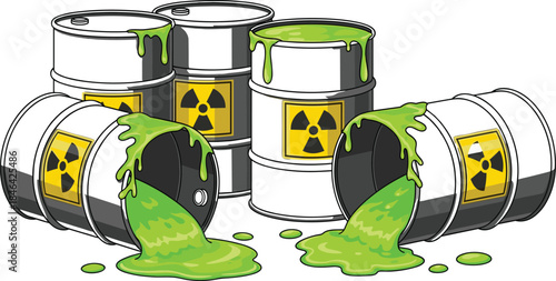 Hazardous chemical radioactive waste; spilled toxic green liquid from barrels; environmental pollution contamination danger; industrial material disposal risk; ecology threat; illegal dumping; biohaza