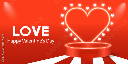 Red stage podium decorated with heart shape lighting. Valentine's Day podium. Vector template