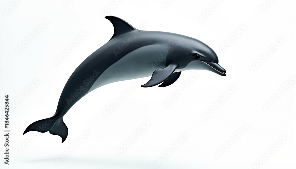 Fototapeta premium A sleek dolphin arcs through air, leaping high above water surface. This marine mammal breaches, showing its powerful body. Animal isolation on white background.