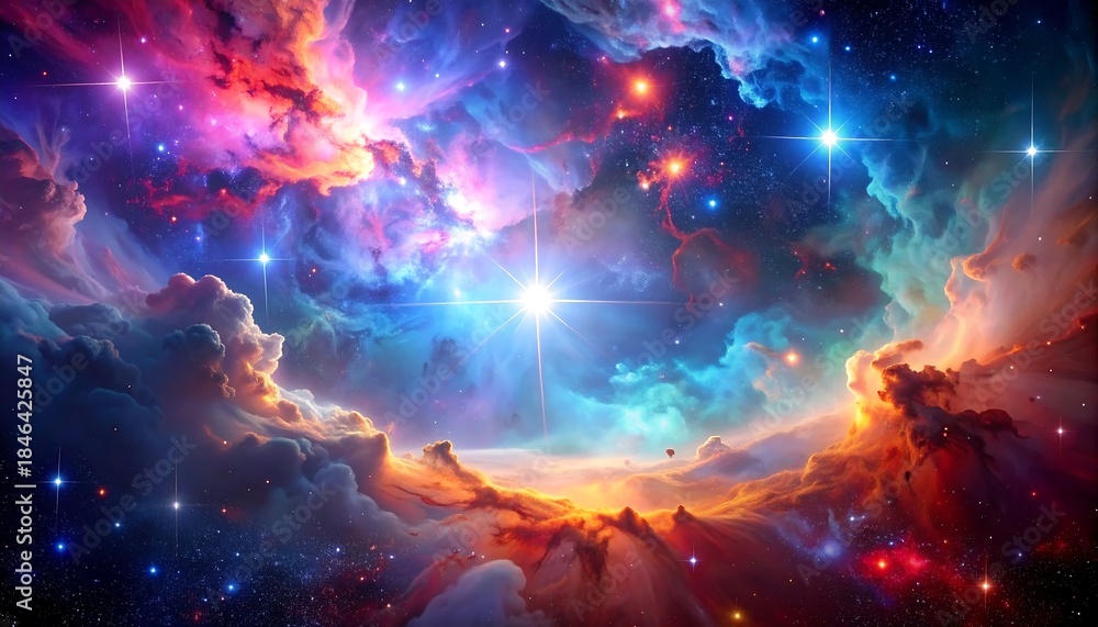 Fototapeta premium A breathtaking and vibrant cosmic nebula with swirling clouds of gas and dust illuminated by countless bright stars, showcasing the beauty of the universe.