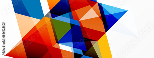 Abstract geometric shapes overlap, creating vibrant color composition. Bold reds, blues, oranges dominate design. Clean lines define forms.