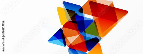 Abstract geometric shapes overlap, creating vibrant color blends. Composition features transparency, dynamic angles, modern design.