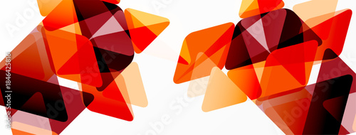 Abstract geometric shapes overlap, creating vibrant orange, red tones. Minimalist design with layered triangles, modern aesthetic.