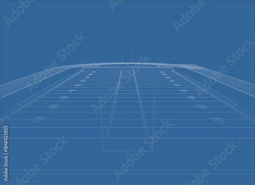 American Football Field and Track Stadium Wireframe Blueprint Illustration 
