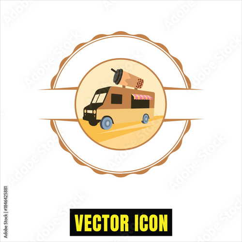 A vibrant bubble tea food truck with a large drink on top, enclosed in a decorative circular badge Vector