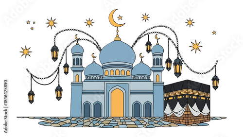 Sacred Landmark: An artistic illustration of a mosque and the Kaaba, showcasing Islamic architectural elements.
