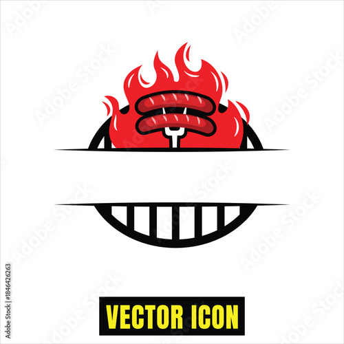Sizzling hot sausages on a fork with fiery flames above a grill icon Vector