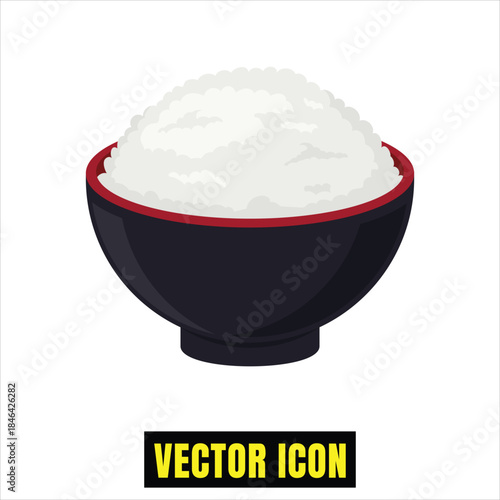A simple vector icon illustration of a bowl of fluffy white cooked rice with a red rim Vector