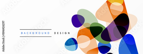 Abstract colorful shapes overlap white space. Modern design elements create dynamic visual texture. Simple, clean aesthetic.