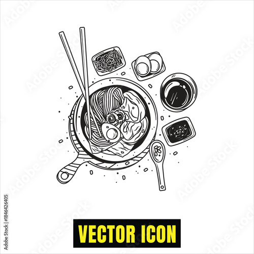 Delicious top-down view of a classic ramen bowl with chopsticks and side dishes Vector