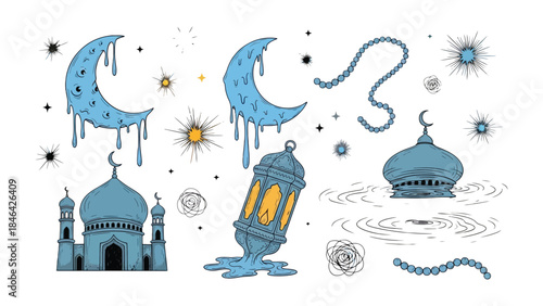 Eid Mubarak Celebration: A stylized illustration depicting a vibrant scene of Ramadan and Eid, featuring crescent moon, radiant lantern, and an Islamic mosque.