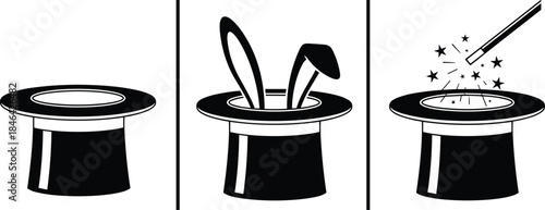 Magic Show Top Hat Sequence Vector Illustration, Rabbit Ears Appearing and Wand with Sparks, Magician Illusion Concept Graphic, Performance and Entertainment Symbol Design, Black and White Icon Set
