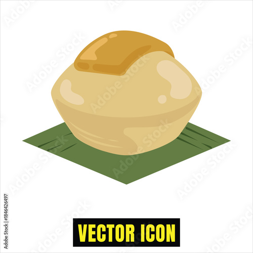 Sweet sticky rice cake or traditional dessert icon with caramel topping on a banana leaf mat Vector